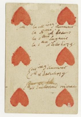 Cartes sur lesquelles sont écrits de la main de Louis XVI les noms des personnes invitées aux réunions de la cour, AE/I/4/4 © Archives nationales